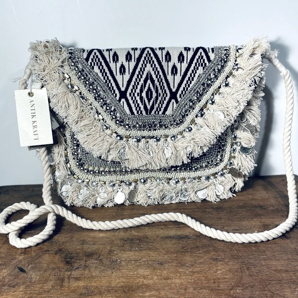 Antique Kraft Beaded Embroidered fringe coins bag - Picture 1 of 9